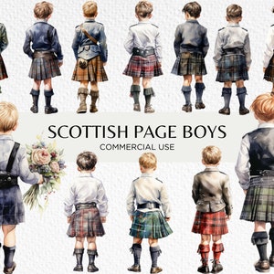 Schotse pagina jongens aquarel clipart bundel, 16 transparante PNG 300 dpi, schattige jonge jongen dragen kilt, digitale download, commercieel gebruik