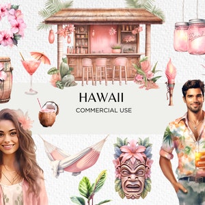 Hawaii Tiki aquarel clipart bundel, 22 transparante PNG-afbeeldingen 300 dpi, pastel roze tropisch eiland, digitale download, commercieel gebruik