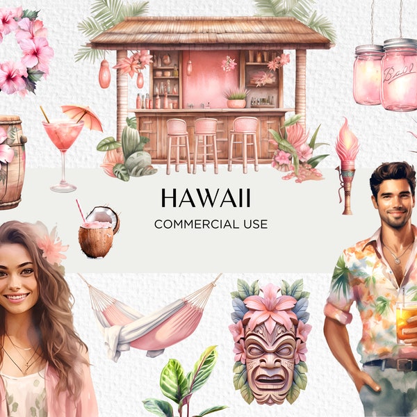 Hawaii Tiki Watercolour Clipart Bundle, 22 Transparent PNG Images 300 dpi, Pastel Pink Tropical Island, Digital Download, Commercial Use