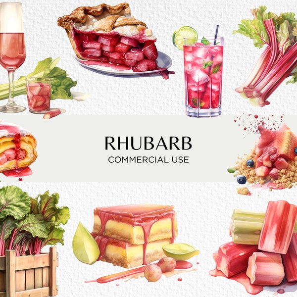 Rhubarb Watercolour Clipart Bundle, 14 Transparent PNG 300 dpi, Sweet Pies, Crumble, Fruit Strudel, Pastry, Digital Download, Commercial Use