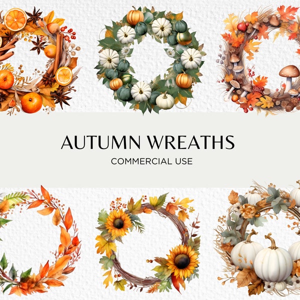 Autumn Wreaths Watercolour Clipart Bundle, 16 Transparent PNG 300 dpi, Fall Wreath, Autumnal Decorations, Digital Download, Commercial Use