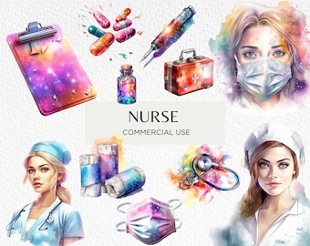Watercolour Nurse Clipart Bundle, 18 Transparent Isolated PNG 300 dpi, Cute Nurse Life Medical Equipment, Digital Download, Commercial Use