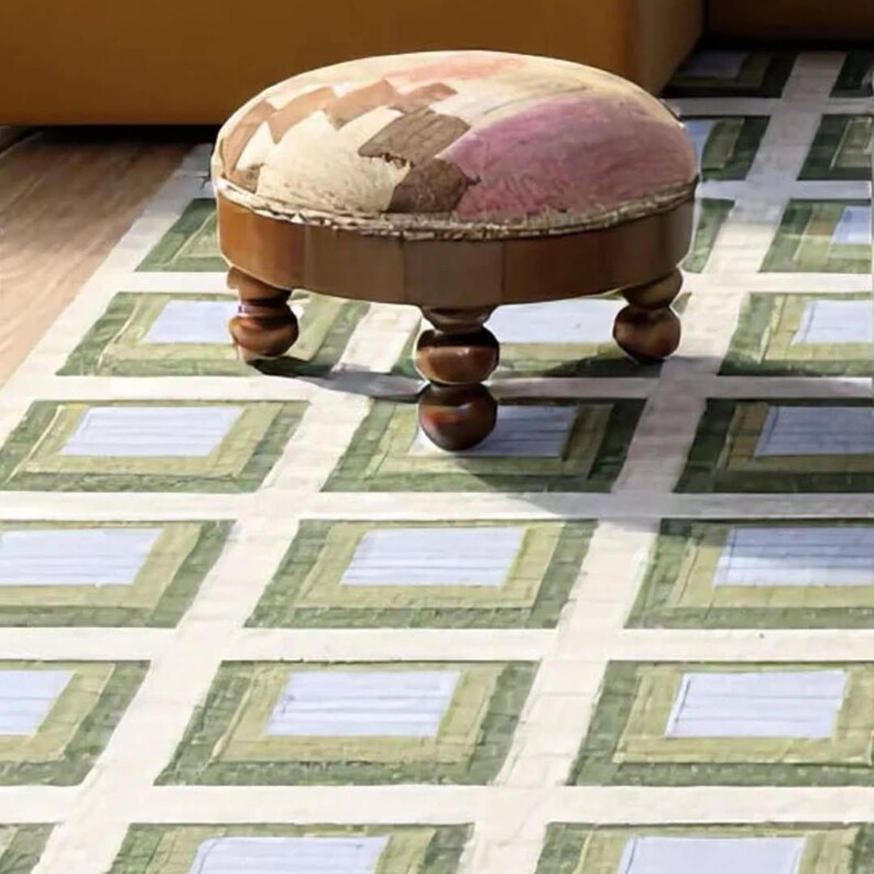 Green Geometric Rug, Modern Square Pattern Rug, Minimalist Area Rug ...