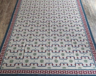 Handmade Geometric Area Rug, Boho Flatweave Cotton Rug, Greek Key Border Rug, Large Living Room Carpet, Modern Vintage Style Rug