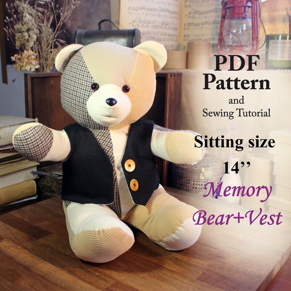 Patrón de oso de memoria fácil 14" patrón de costura patrón de oso simple patrón de costura PDF patrón de oso de peluche oso de recuerdo PDF patrón oso vintage