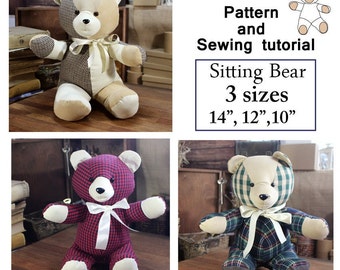 Memory Bear Patterns 3 Sizes 14'', 12'', 10'' Sitting Bear Easy Sewing Pattern Simple Bear Pattern Sewing Teddy Bear Pattern Patchwork Bear