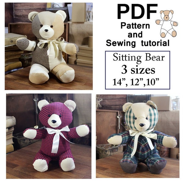 Patrones de osos de memoria 3 tamaños 14'', 12'', 10'' Oso sentado Patrón de costura fácil Patrón de oso simple Costura Patrón de oso de peluche Oso patchwork