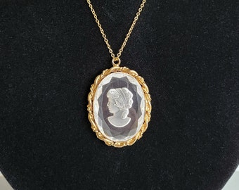 Vintage Cameo Brooch Pendant Necklace, Reverse Carved Clear Glass Cameo Portrait in Gold Tone Frame with Gold Plated Sterling Silver Chain