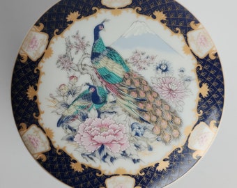 Vintage Fine China Japanese Trinket Dish with Intricate Peacock and Floral Artwork