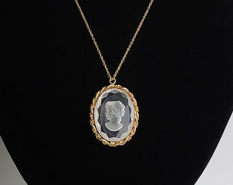 Vintage Cameo Brooch Pendant Necklace, Reverse Carved Clear Glass Cameo Portrait in Gold Tone Frame with Gold Plated Sterling Silver Chain