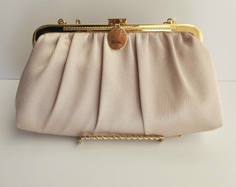 Vintage Champagne Evening Clutch Purse with Gold "Snail" Chain and Gold Tone Frame and Clasp