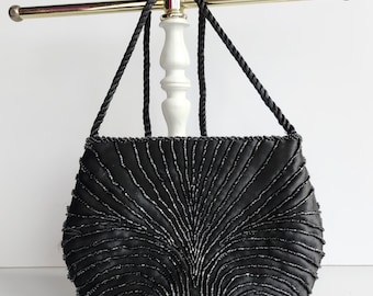 Vintage Black Glass Beaded Evening Purse with Button Closure and Small Interior Pocket