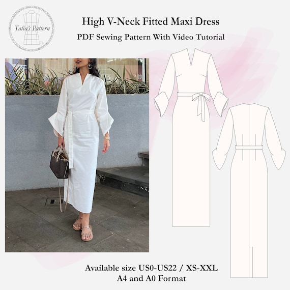 Formal and Casual Dress Pattern - Women's High V-Neck Fitted Maxi Dress  Digital Sewing Pattern Size US0-US22
