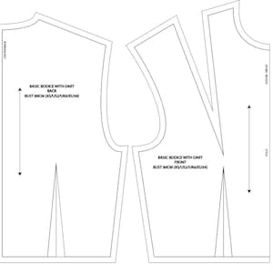 Op de afbeelding: Een zwart-witte lijntekening van een basis corset naaipatroon met darts. Het patroon is voor een borstomvang van XS/US2/UK6/EU34. Het patroon bevat instructies voor zowel de voorkant als de achterkant van het corset.