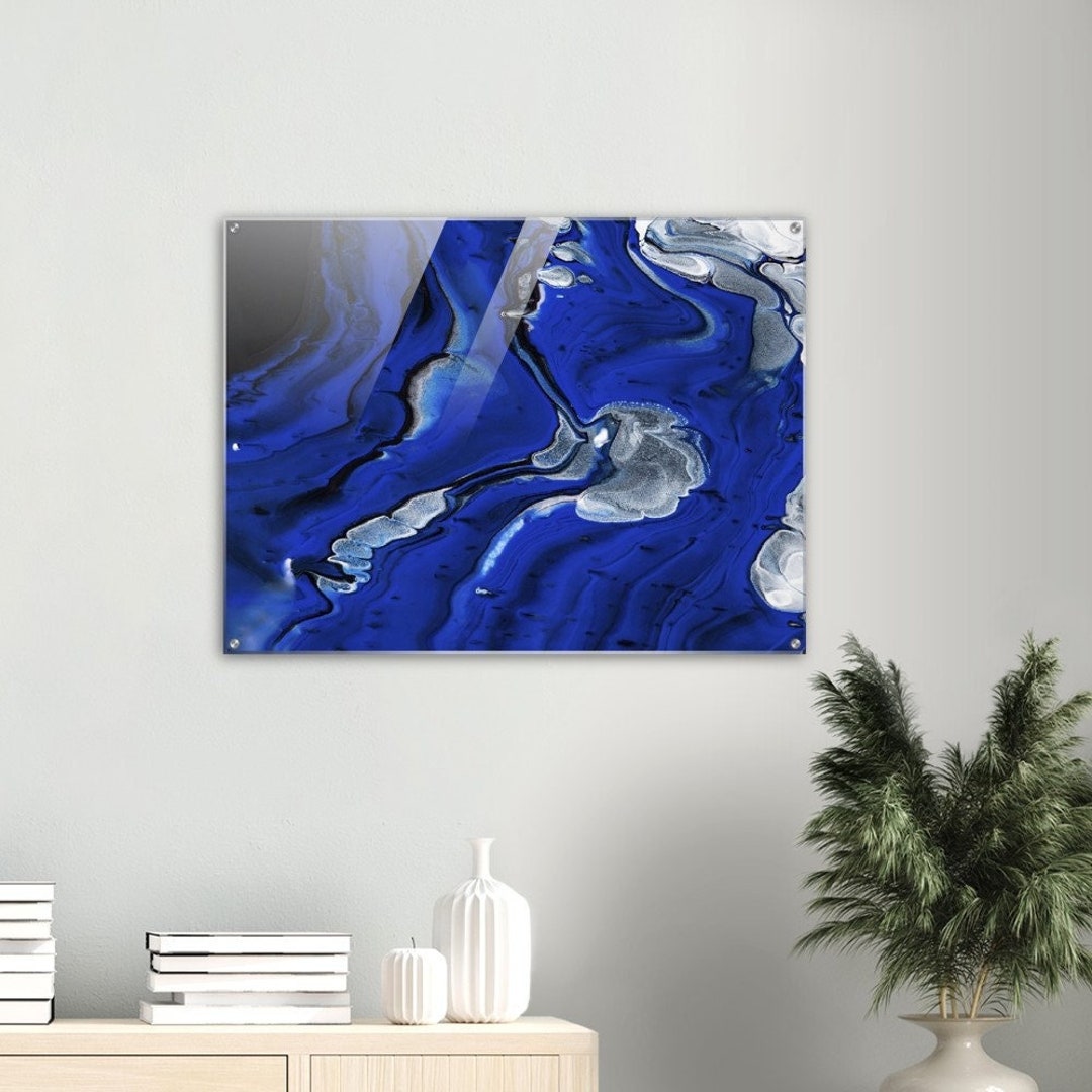 Blue Marble Tempered Glass Glass Painting Wall Decor Tempered Shiny