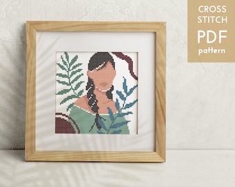 Korsstygnsmönster för kvinnaporträtt: Boho-dekor (PDF-mönster)