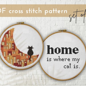 Cat on Moon Cross Stitch Pattern Set: Cozy Home Decor (PDF Pattern)