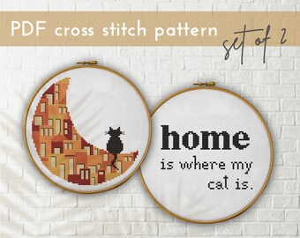 Katt på månen Korsstygnsmönsterset: Mysig heminredning (PDF-mönster)