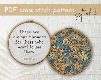 Set of 2 flower cross stitch digital pattern for instant download, Flower positive quote cross stitch pattern PDF