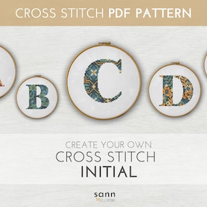 May include: Cross stitch PDF pattern for creating your own initial. The pattern features five different letters, A, B, C, D, and E, each with a unique geometric design in shades of blue, green, yellow, and orange.
