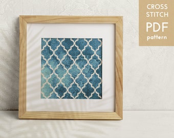 Marockanskt kakelmönster med korsstygn: Blå geometri (PDF-mönster)