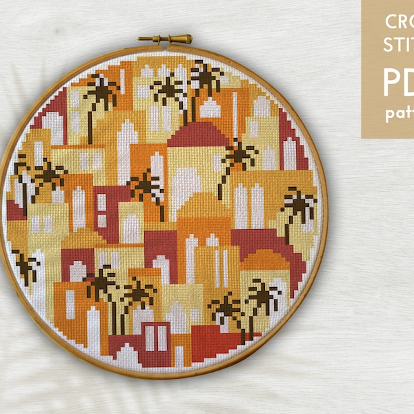 Modèle numérique de point de croix marocain pour téléchargement instantané, art de cerceau de village marocain pour la décoration intérieure, tableau xstitch facile pour les amateurs de broderie