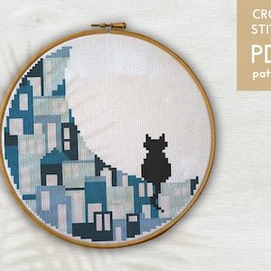 Cat Moon Cross Stitch Pattern: Modern Hoop Art (PDF Pattern)