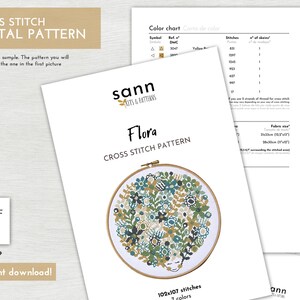 May include: A digital cross stitch pattern for a floral design with a woman's face in the centre. The pattern is called "Flora" and includes 102x107 stitches and 7 colours. The pattern is available for instant download as a PDF.