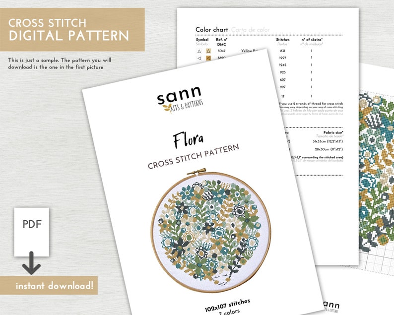 May include: A digital cross stitch pattern for a floral design with a woman's face in the centre. The pattern is called "Flora" and includes 102x107 stitches and 7 colours. The pattern is available for instant download as a PDF.