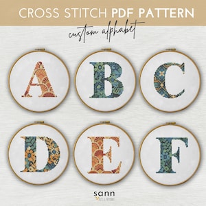 Patrón de punto de cruz con letras del alfabeto personalizado en formato PDF para una decoración acogedora, gráfico de punto de cruz con iniciales personalizado en formato PDF