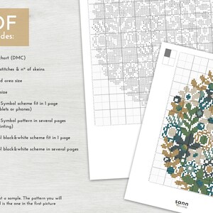 May include: A PDF document containing a cross stitch pattern for a floral design. The pattern includes a colour chart, stitch count, fabric size, and multiple colour and symbol schemes.
