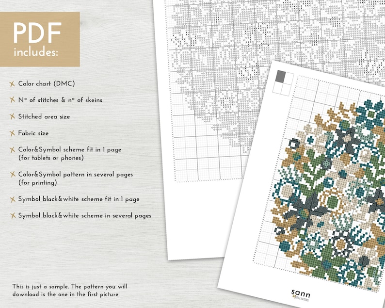 May include: A PDF document containing a cross stitch pattern for a floral design. The pattern includes a colour chart, stitch count, fabric size, and multiple colour and symbol schemes.