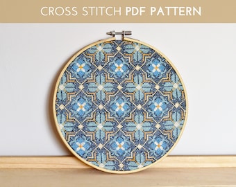Blå Boho Kakel Korsstygnsmönster (PDF-mönster)