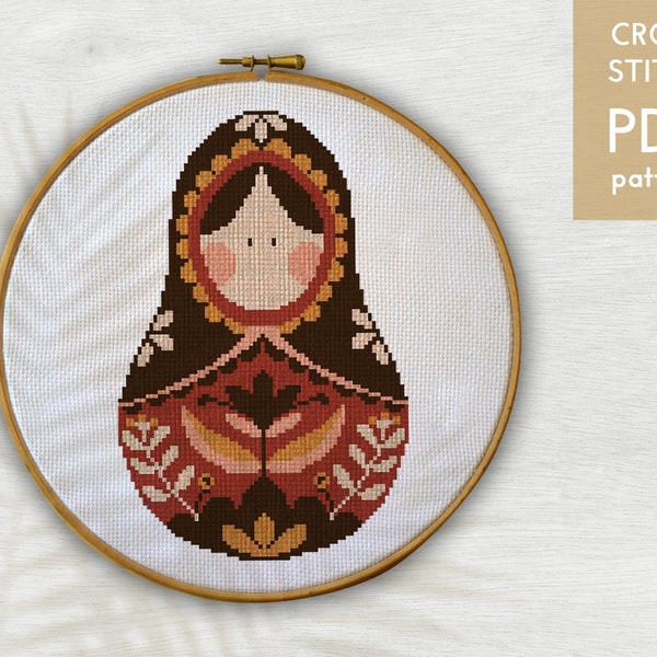 Russian doll cross stitch pattern PDF, Modern embroidery pattern for instant download, Russian doll embroidery for beginners, Handmade decor