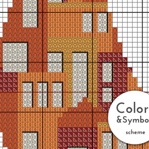 May include: Cross stitch pattern featuring a geometric design with orange, red, and white colours. The pattern includes a variety of shapes, including squares, circles, and triangles. The pattern is labelled "Colors & Symbols scheme".