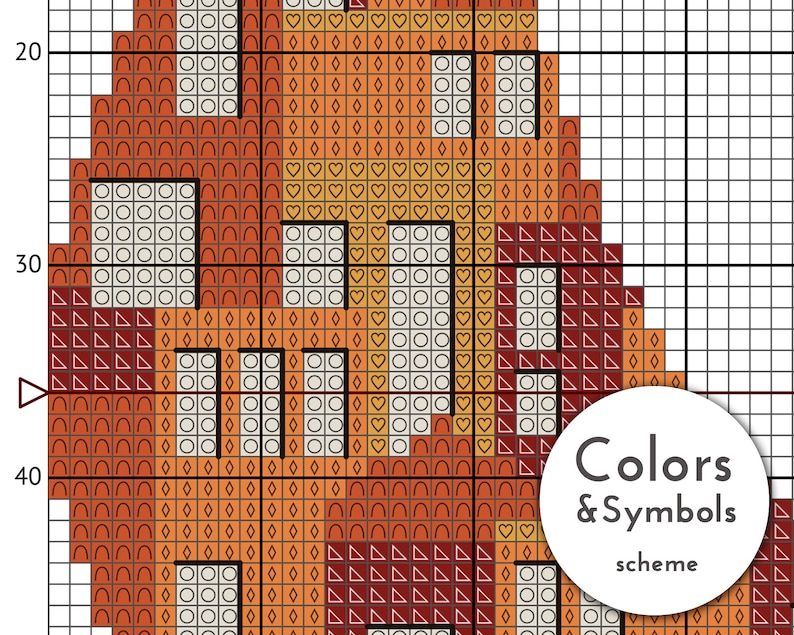 May include: Cross stitch pattern featuring a geometric design with orange, red, and white colours. The pattern includes a variety of shapes, including squares, circles, and triangles. The pattern is labelled "Colors & Symbols scheme".