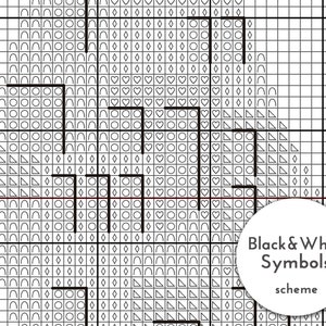 May include: Black and white cross stitch pattern featuring a range of symbols, including circles, hearts, and triangles. The pattern is labelled "Black & White Symbols scheme".