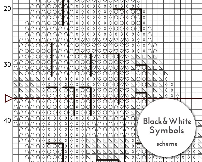 May include: Black and white cross stitch pattern featuring a range of symbols, including circles, hearts, and triangles. The pattern is labelled "Black & White Symbols scheme".
