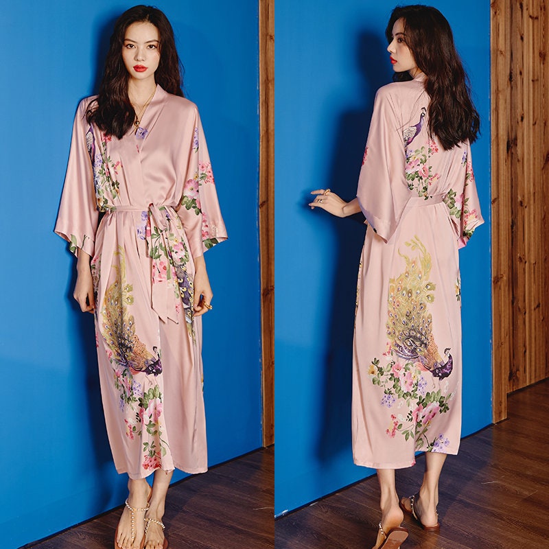 Peacock print satin shop kimono robe