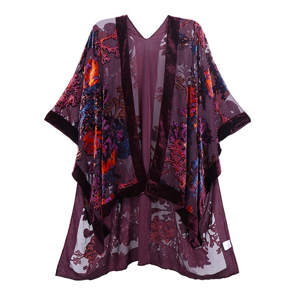 Burnout Velvet Floral Shawl Wrap up Bohemian Style Kimonos for Women Swim Cover Up