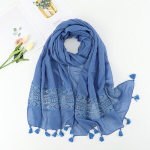 Lightweight  Solid Scarf with embroidery Fashion Fringed Shawl for Women