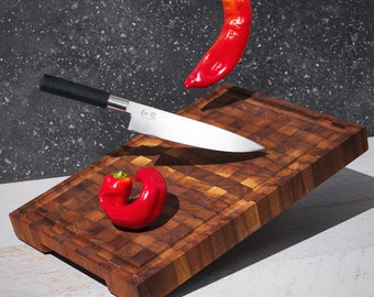 Solid cutting board made of exotic Iroko wood - professional chopping block chopping board with juice groove, solid wooden cubes handmade