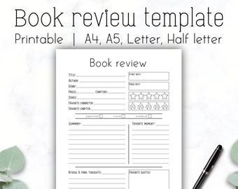 Boekrecensiesjabloon, eenvoudige boekrecensie afdrukbaar, A4 A5 Letter Half Letter-sjabloon, Boekdagboek, Instant Download PDF, Leeslogboek,