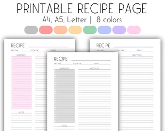 Recipe Page Printable, Blank Recipe Template, Recipe Sheet A4 A5 Letter, Recipe Card, Cookbook template, For Recipe Binder, Recipe Sheet PDF