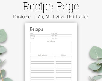 Page de recette imprimable, modèle de page de recette, feuille de recette A4 A5 lettre demi-lettre, carte de recette, page de recette simple, page de recette vierge