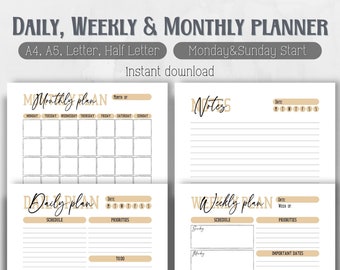 May include: A printable planner with a beige and black color scheme. The planner includes a monthly, weekly, and daily planner section. The planner is designed to be used with a Monday and Sunday start.