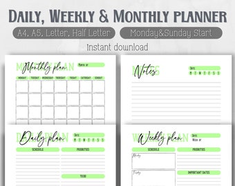 Daily Planner Weekly Planner Monthly Planner Printable Planner Planner Set Green Instant Download A4 A5 Letter Half Letter PDF Notes pages