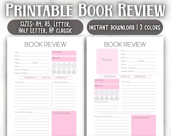 Book Review Template Printable Reading Journal, Reading Tracker, A4 A5 Letter Half Letter Digital Book Review, Printable Book Review PDF