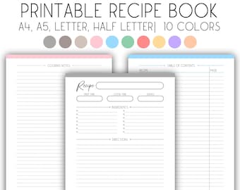 Printable Recipe Book, Recipe Page Template, Colorful cookbook, Recipe Sheet, Recipe Card A4 A5 Letter Half Letter, For Recipe Binder