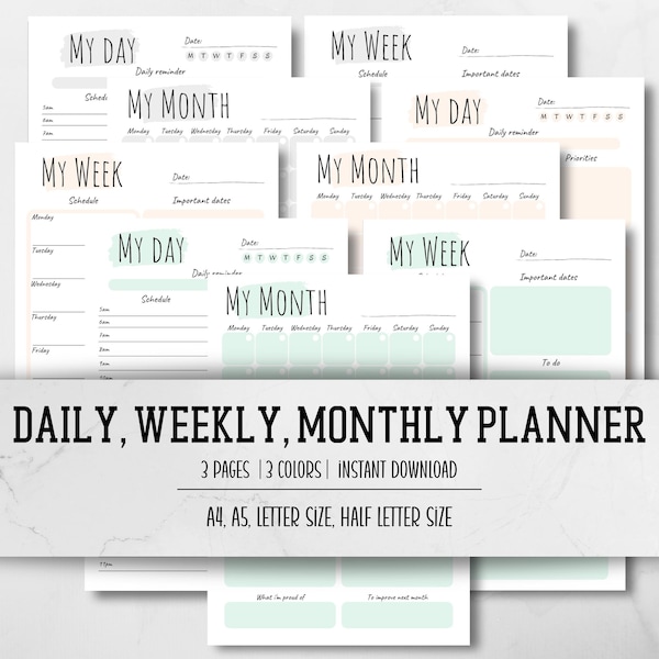 Daily Planner, Weekly Planner, Monthly Planner, Printable Planner Set, Instant Download PDF A4 A5 Letter Half Letter, Planner Bundle,